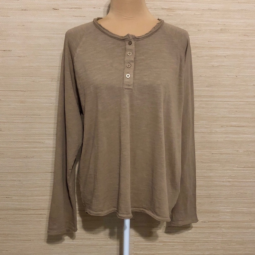 Zara Taupe Beige Long Sleeve Henley Square Loose Fit 100% Cotton Top size Large